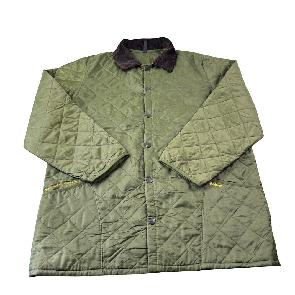 Barbour Mens Green Quilted Jacket Corduroy Collar Snap Front XXL Made in England